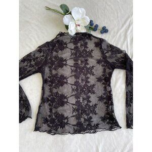 Sheer Black Floral Lace Long Sleeve Whimsigoth Top Size Large Whimsygoth